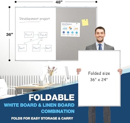 Large White Board Dry Erase Foldable Bulletin Board Combo 48x36 for Wall