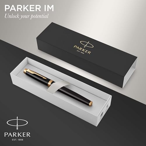 Parker IM Fountain Pen, Black Lacquer with Gold Trim, Fine Nib - Includes Blue Ink Refill and Elegant Gift Box