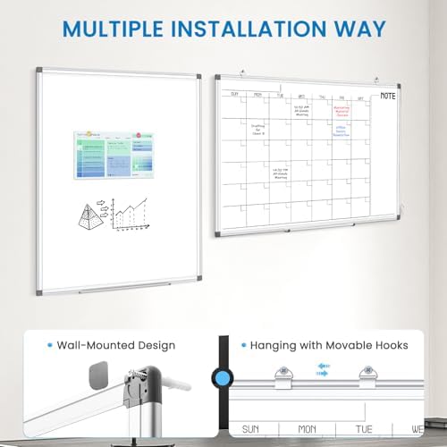WALGLASS Large Calendar Whiteboard 48x36 Double-Sided Dry Erase for Wall