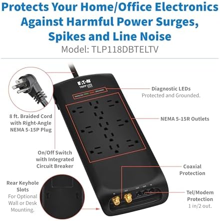 Eaton Tripp Lite Series Surge Protector Power Strip with Flat Plug Braided Extension Cord + Coax, Phone/Modem Protection, 4200 Joules, 8ft Cable, Manufacturer's (TLP118DBTELTV)