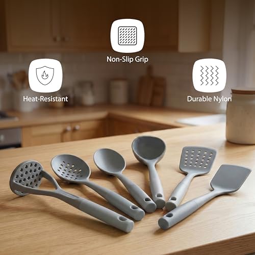 Restaurantware Silicone Utensil Set Pack of 1 Non-Slip Handle 6-Piece Nylon Kitchen Tool Set, Heat-Resistant Dishwasher-Friendly Cooking Accessories, Durable Gray and White Cooking Utensils