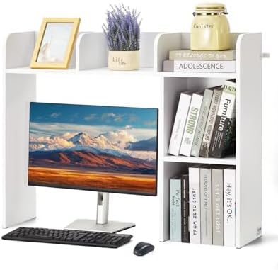 VEVOR Wood Desk Shelf, Desktop Bookshelf, Desk Storage Hutch with 6 Shelves, Office Countertop Organizer 3-Tier Display Rack, with Anti-Slip Feet Pads, for Office, Home & Dorm, White