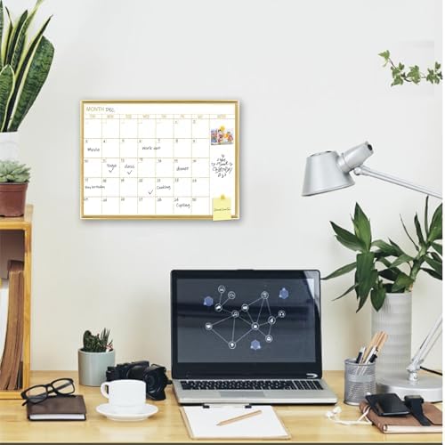 Golden Monthly Dry Erase Calendar Whiteboard for wall-16"X12" Portable Aluminum Frame,Magnetic Calendar White Board,Wall Planner Dry Erase Board for Office, Kitchen, School, Home-GG