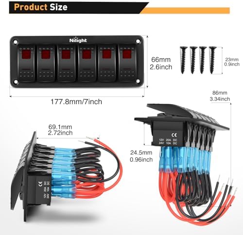 Nilight 6 Gang Rocker Switch Panel SPST On Off 5PIN Electrical Toggle Red