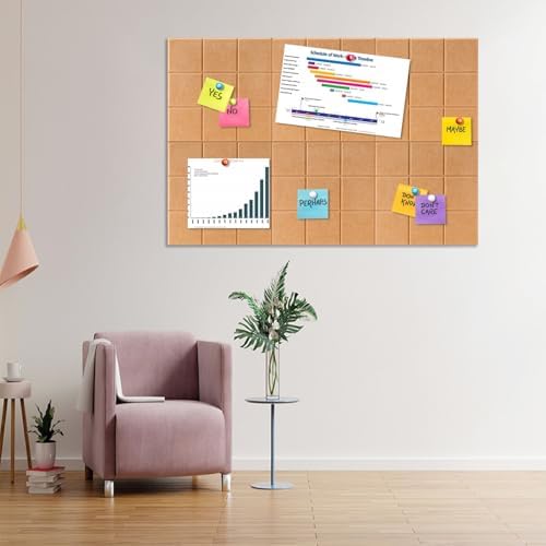 6 Packs Brown Cork Board Felt Board Tiles, Bulletin Board 12"X12" with 30 Push Pins, Felt Board for Home Kitchen Office Decor, Self-Adhesive Corkboard Tiles for Walls School Message Display Board