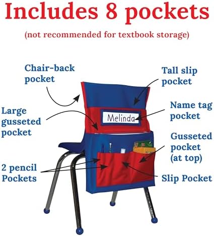 Carson Dellosa Chair Pockets for Classroom, Blue & Red, 1-Pack | Durable 15x19" Chairback Buddy for Classroom Supplies, Desk Buddy Pocket Organizer with Name Tag, Back of Chair Storage