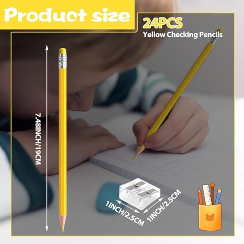 24PCS Erasable Colored Pencils with Eraser Pre Sharpened Pencil 2 HB - Ideal for Checking, Grading, Tests & Office/School Supplies (Yellow)