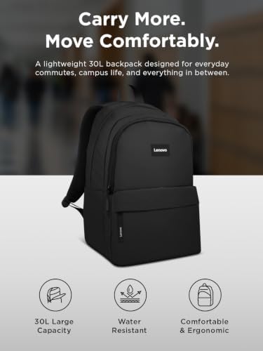 Lenovo 16-inch Commuter Backpack B10, Lightweight 30L Laptop Backpack, Water-Resistant Travel Bag with 6 Storage Compartments, Anti-Theft Pocket & Luggage Strap, Fits Up to 16" Laptop, Black