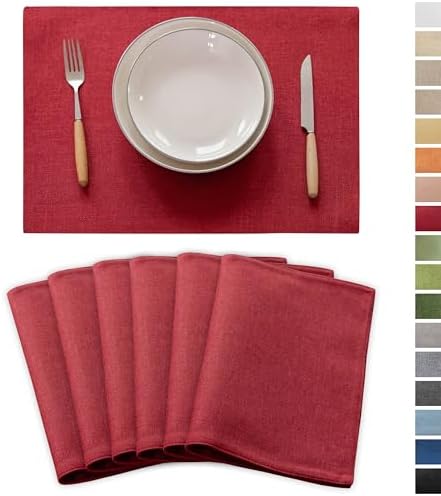 Demetex Placemats Set of 6 Red Linen Wipeable Place Mats Heat Resistant Cloth Placemats for Dining Table Restaurants Holiday, 13 x 19 inches, Wine Red