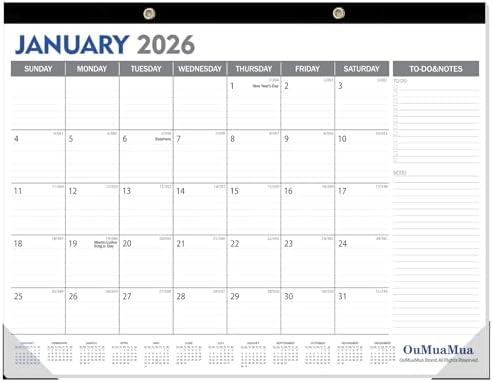 OuMuaMua Large Desk Calendar 2026-2027 - 18 Months from Jan. 2026 through Jun. 2027, 22 x 17 Inches Desktop Wall Calendar with Julian Date To-do & Notes, Corner Protectors for School Home Office