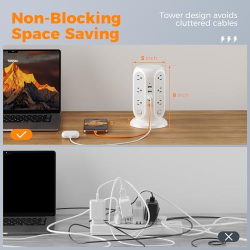 TESSAN Tower Power Strip Surge Protector, Flat Extension Cord 15 Ft, Grey