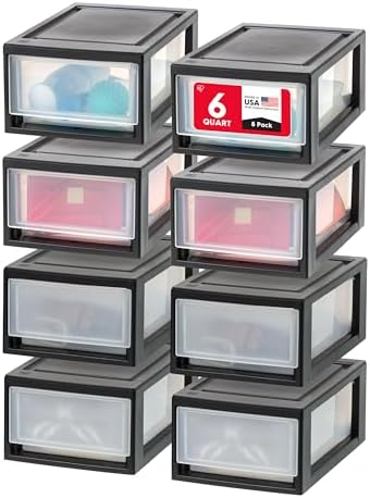IRIS USA 8-Pack, 6 Qt. Small Stacking Drawer Storage Organizer, Black