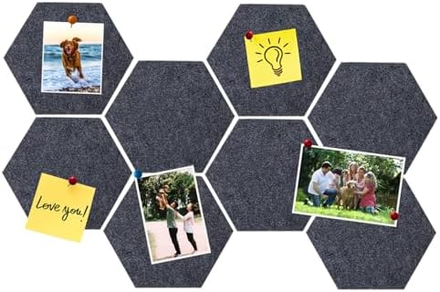 8 Pcs Hexagon Felt Cork Bulletin Board Tiles, Self Adhesive DIY Bulletin Board Pin Board for Office School Home Wall Decor Memos Photos Display(Deep Grey)
