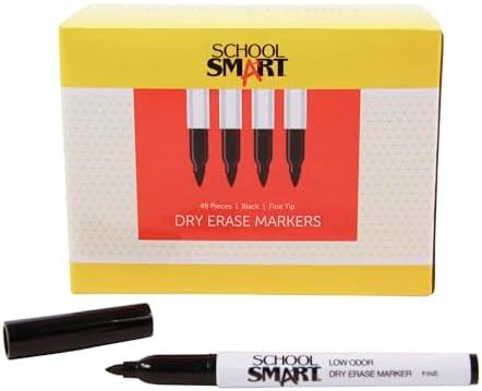 School Smart BY1076-48BLACK Dry Erase Pen Style Marker, Fine Tip, Black, Pack of 48