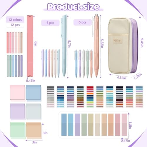 135 Pcs Book Annotation Kit with Pencil Case, 12 Pastel Highlighters, 11 Gel Pens, Fine Marker, 300 Transparent Sticky Notes, 2640 Index Tabs, Bible Study Supplies Kit(Classic,Purple)