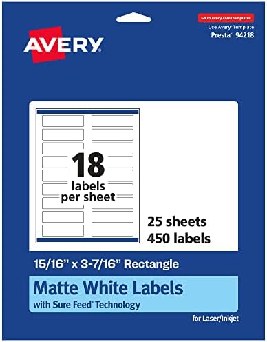 Avery® Matte White Rectangle Labels, Sure Feed® Technology, 15/16" x 3-7/16", 450 Matte White Printable Labels