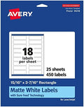 Avery® Matte White Rectangle Labels, Sure Feed® Technology, 15/16" x 3-7/16", 450 Matte White Printable Labels