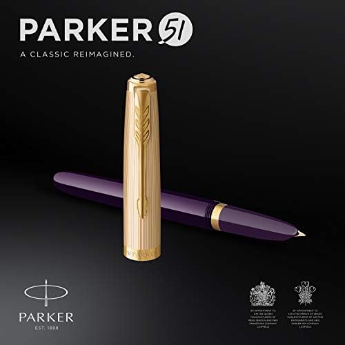 Parker 51 Fountain Pen | Deluxe Plum Barrel with Gold Trim | Fine 18k Gold Nib with Black Ink Cartridge | Gift Box