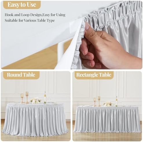 Wish Care 21ft Silver Satin Long Table Skirt for Rectangle Tables Wrinkle Free Teacher Desk Skirt Glitter Ruffle Table Skirting Cloth for Back to School Classroom Office Birthday Party Table Decor