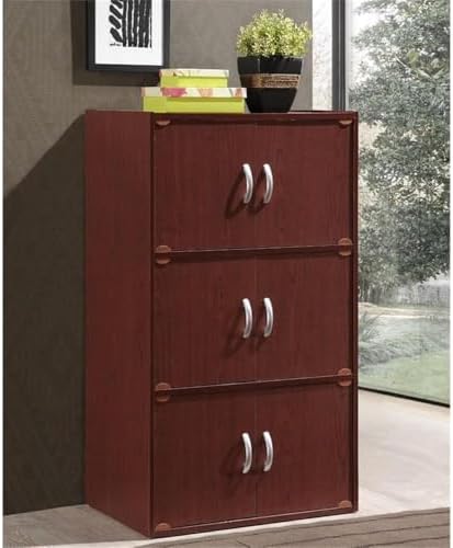 Pemberly Row 3-Shelf 6-Door Wood Bookcase, Mahogany Finish, 41" H x 23.40" W x 15.5" D, Slim Versatile Design, Multi-Purpose for Office, Bedroom, Kids Room, Kitchen or Entryway Storage