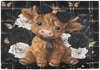 ALAZA Highland Cow Rose Butterfly 1 PC Placemats Rectangle Table Mat for Dining Table Restaurant Kitchen Home Decor, 12" x 18"
