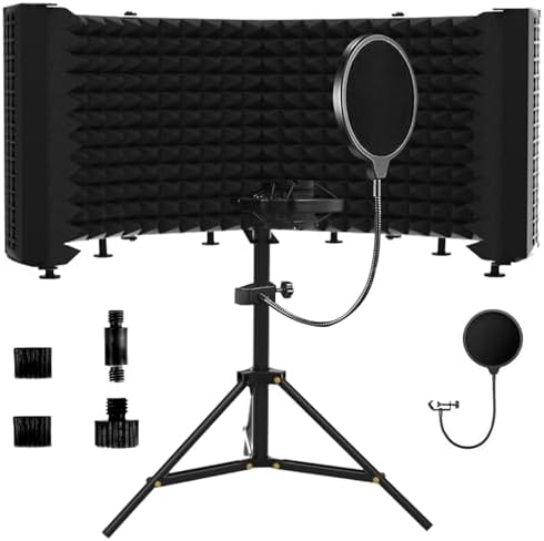 Microphone Isolation Shield – Foldable & Adjustable Soundproof Panel for Recording, Podcasting, Vocal Booth, Studio & Home Use (Six-sided low stand)