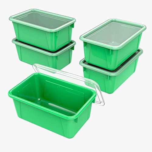 Storex Small Cubby Bins – Plastic Storage Containers for Classroom with Non-Snap Lid, 12.2 x 7.8 x 5.1 inches, Green, 5-Pack (62409A05C)
