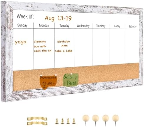 Magnetic Weekly Whiteboard and Cork Board, White Wood Frame, 24" x 12"