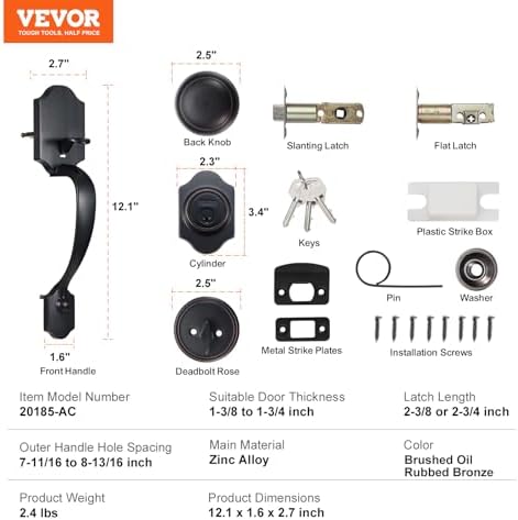 VEVOR Front Door Handle and Deadbolt Set, Front Door Lock Set with Interior Knob, Adjustable Hole Spacing Single Cylinder Handleset, for Right and Left Handed Entrance, Brushed Oil Rubbed Bronze