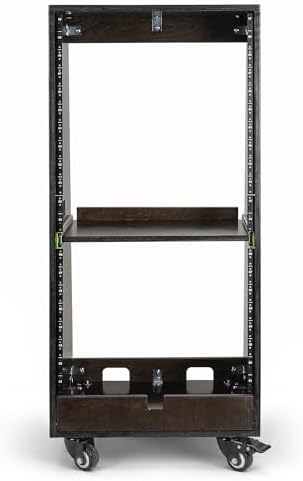 Sound Town DIY Slanted 20U Studio Rack (12U Top + 8U Lower) with 2U Bottom Storage, Slide-Out Tray, Casters, for Home Studio and Recording Room, Birch Plywood, Black Espresso (SDRK-ST20TD)