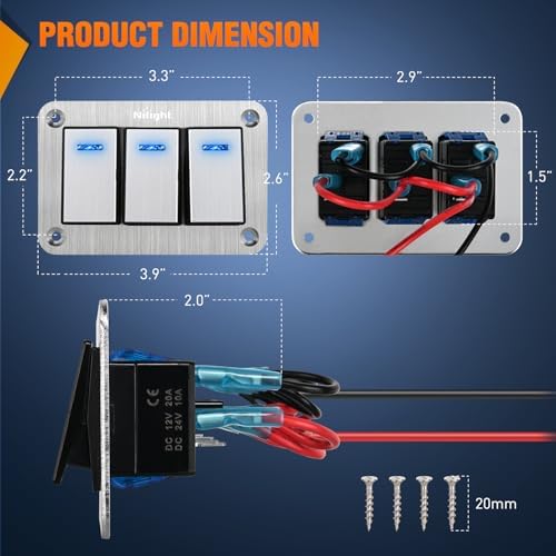 Nilight 3 Gang Rocker Switch Panel 3 Pin On Off Pre-Wired Blue LED