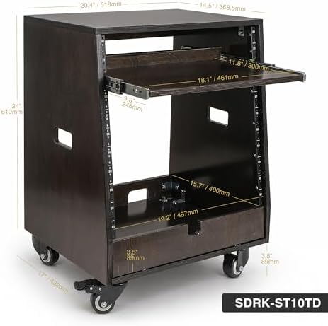 Sound Town DIY Slanted 10U Studio Rack (2U Top + 8U Lower) with 2U Bottom Storage, Slide-Out Tray, Casters, for Home Studio and Recording Room, Birch Plywood, Black Espresso (SDRK-ST10TD)