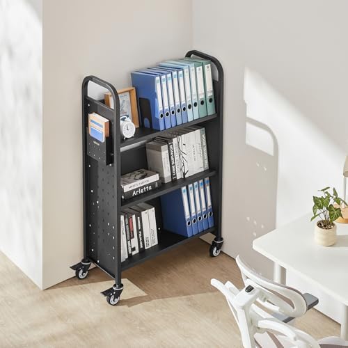 VEVOR Rolling Library Book Cart, 330 lbs Capacity, 30.3 x 15 x 48.0-Inch Library Cart, Single Sided V-Shaped Shelves with 3-Inch Lockable Wheels, Book Truck for Home Shelves Office and School, Black