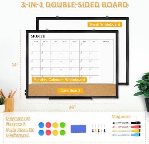 Monthly Dry Erase Calendar Whiteboard with Corkboard, 36" x 24", Black