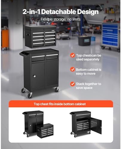 VEVOR Rolling Tool Chest, 2-in-1 Design, 5 Drawers Tool Cabinet Organizer with Detachable Top Metal Toolbox, Lock Bar, Protective Liner, and Tools Rack, Garage Storage Cabinet for Warehouse, Workshop