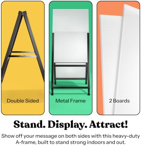 T-SIGN Outdoor A-Frame Sidewalk Sign 24x36 Inch Sandwich Board, Black Coated Steel Metal Double-Sided, Heavy Duty Slide-in Folding Frame Sign Holder, 2 Corrugated Plastic Poster Boards, Display Stand