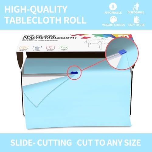 CXPSINC 54 Inch X 300 Feet Plastic Table Cover Roll Disposable Tablecloth with Slide Cutter for All Type/Shape Tables | Party, Banquet, Birthdays, Weddings(Light Blue, 300 Feet)