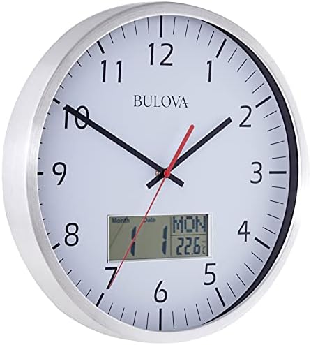 Bulova Manager Wall Clock C4810 | 14" Brushed Aluminum Industrial Frame with Digital Date & Temperature Display | Silent Sweep Quartz Movement | Battery Operated | Office & Home Décor