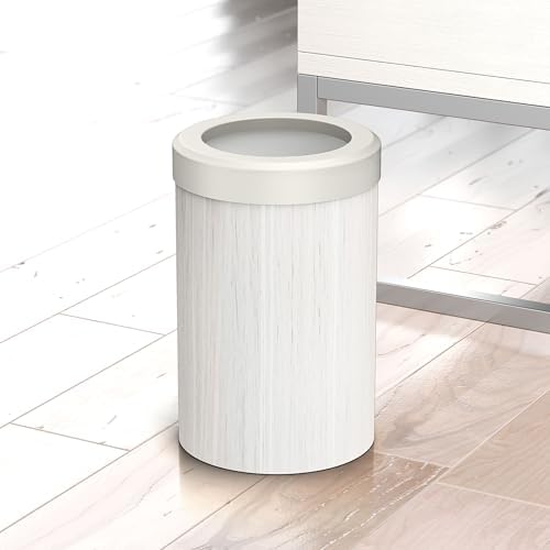 Gatco Small Bathroom Trash Can with Lid, Round 3 Gallon Wastebasket, Under Sink, White Oak with Matte White, for Bathroom, Bedroom, Office (1932W)
