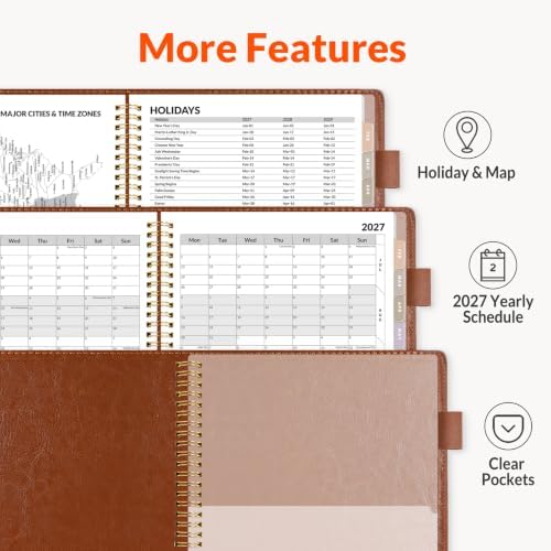SUNEE 2027 Weekly & Monthly Planner 9"x11.2"- 12 Month (January 2027 - December 2027), Vegan Leather Cover, Pocket, Bookmark, Notes, Monthly Tab, Brown