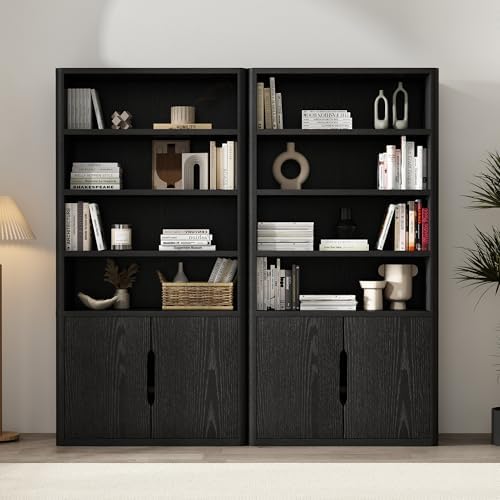 Manhattan Comfort Rivington Bookshelf, 79" Tall 4 Open Shelve Bookcase with Adjustable Shelves, and Soft Close Doors for Living Room or Home Office, Rounded Corner Storage Cabinet, Set of 2 in Black