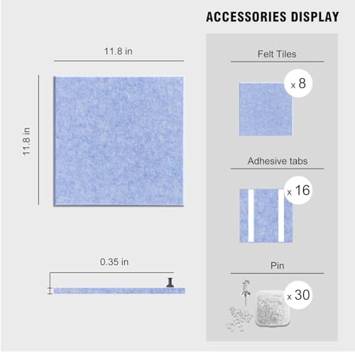 TSJOFFICE Large Cork Board for Wall - 48" x 24" Bulletin Board with 30 Pushpins for Office Decor, Pin Board 8 Pack Felt Tiles with Safe Removable Adhesive Tabs, Corkboard for Home - Light Blue & White