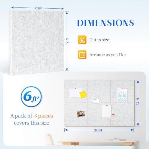 DOLLAR BOSS Felt Cork Board Tiles 6 Pcs 12"x12" Bulletin Board, Light Grey
