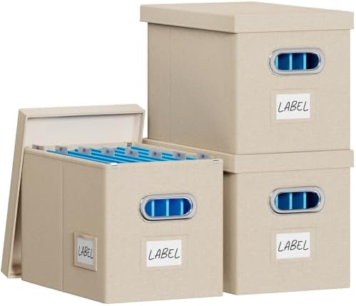 FHSQX 3Pack File Box with Lid, Beige, 14 x 9.3 x 10.9 in | File Organizer Box, Portable Hanging File Box, Decorative Filing Storage Boxes, For Office & Home File Cabinet