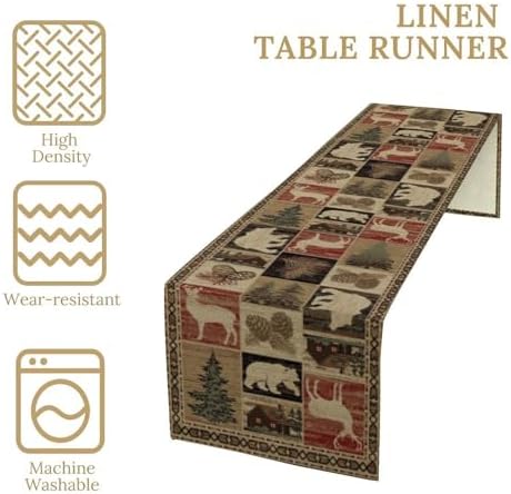 Retro Rustic Table Runner, Vintage Moose Deer Bear Leaf Tree Country Style Farmhouse Cottage Cabin Dinner Table Decoration for Home Kitchen Dining 13"x120"