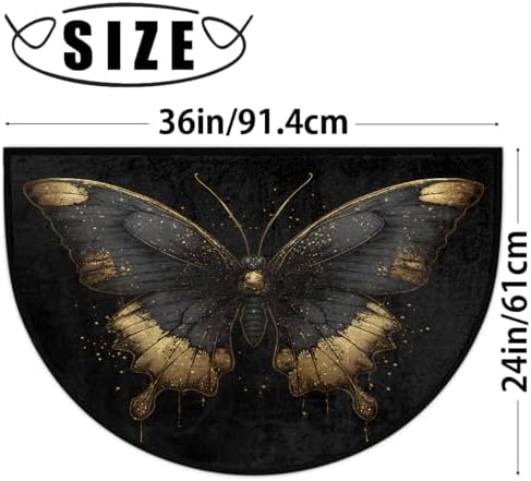 Black and Gold Butterfly Half Round Door Mat Non Slip Washable Semi Circle Area Rug Absorbent Soft Half Moon Rug Floor Mat for Indoor Outdoor Kitchen Bathroom Patio Front Door Mat Decor