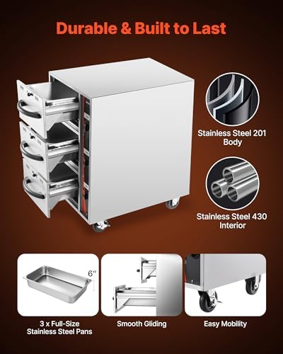 VEVOR Commercial Electric Drawer Warmer, Three-Drawer Stainless Steel Food Warmer, Freestanding Compact Warming Drawer Cabinet, 85°F–185°F Wide Temperature Range, for Restaurant, Hotel Buffet & Bakery