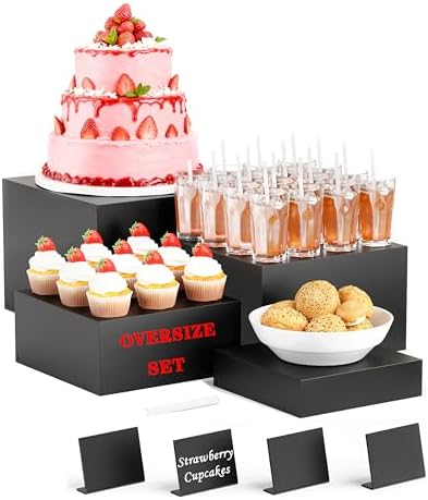 Metal Buffet Risers,4PCS OVERSIZED Food Risers for Buffet Table 8''X9''10''X11''Display Stand with Mini Acrylic Signs for Catering Dessert Collectibles Jewelry Figures Show Matte Black Cube Boxes Nesting Risers with Hollow Bottoms