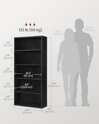 VASAGLE Bookshelf, 23.6 Inches Wide, 5-Tier Open Bookcase with Adjustable Storage Shelves, Floor Standing Unit, Ebony Black ULBC165T56