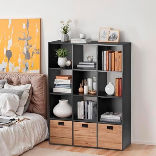 12 Cube Storage Organizer, Storage Shelf Organizer Bookshelf with Open Back, Open Shelf Bookcase, Wood Cubby Closet Cabinet Display Unit with 6 Removable Back Panels for Living Room Bedroom, Black